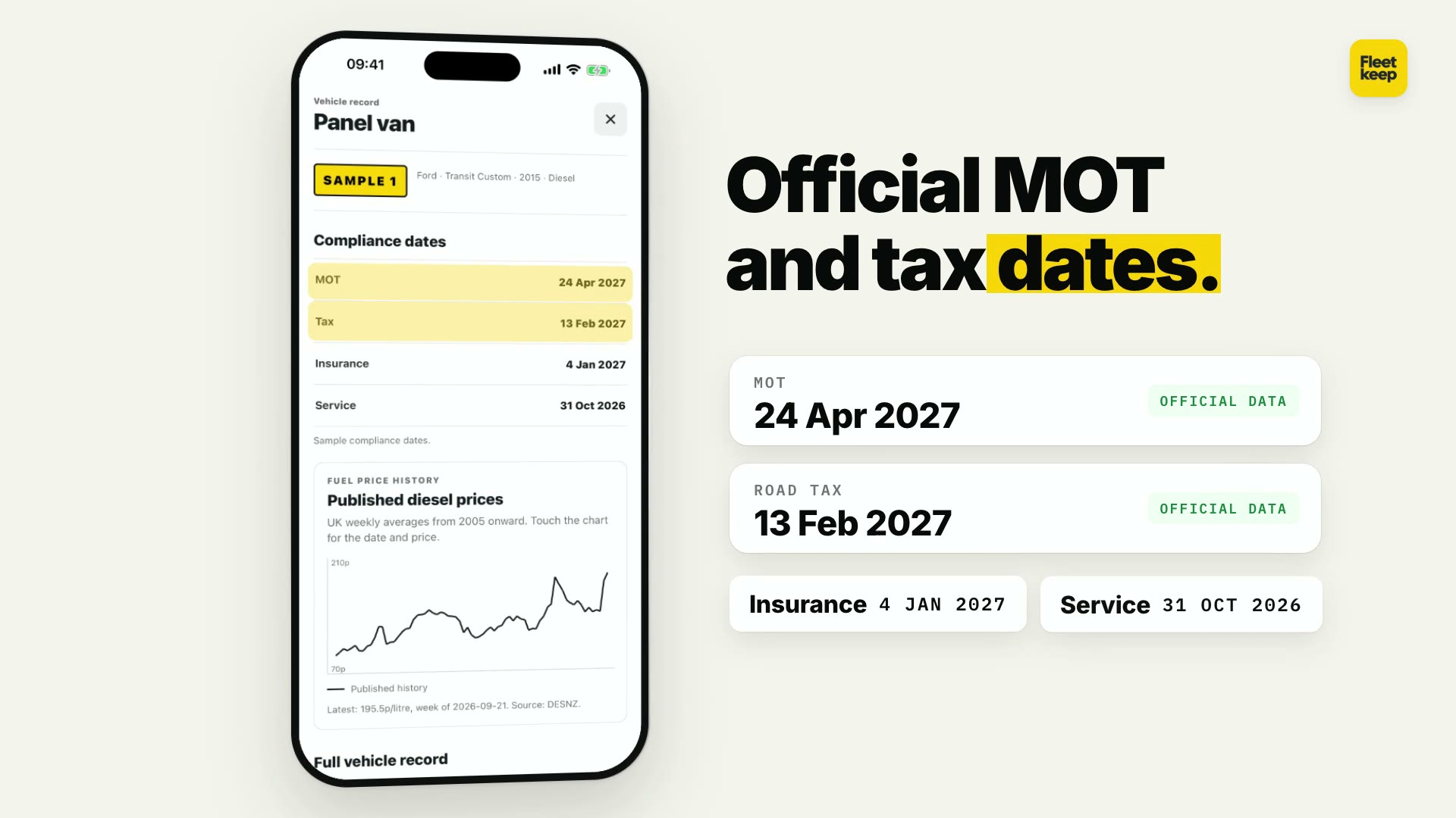 Frame from the Fleetkeep film: iPhone vehicle record with example MOT, tax, insurance and service dates