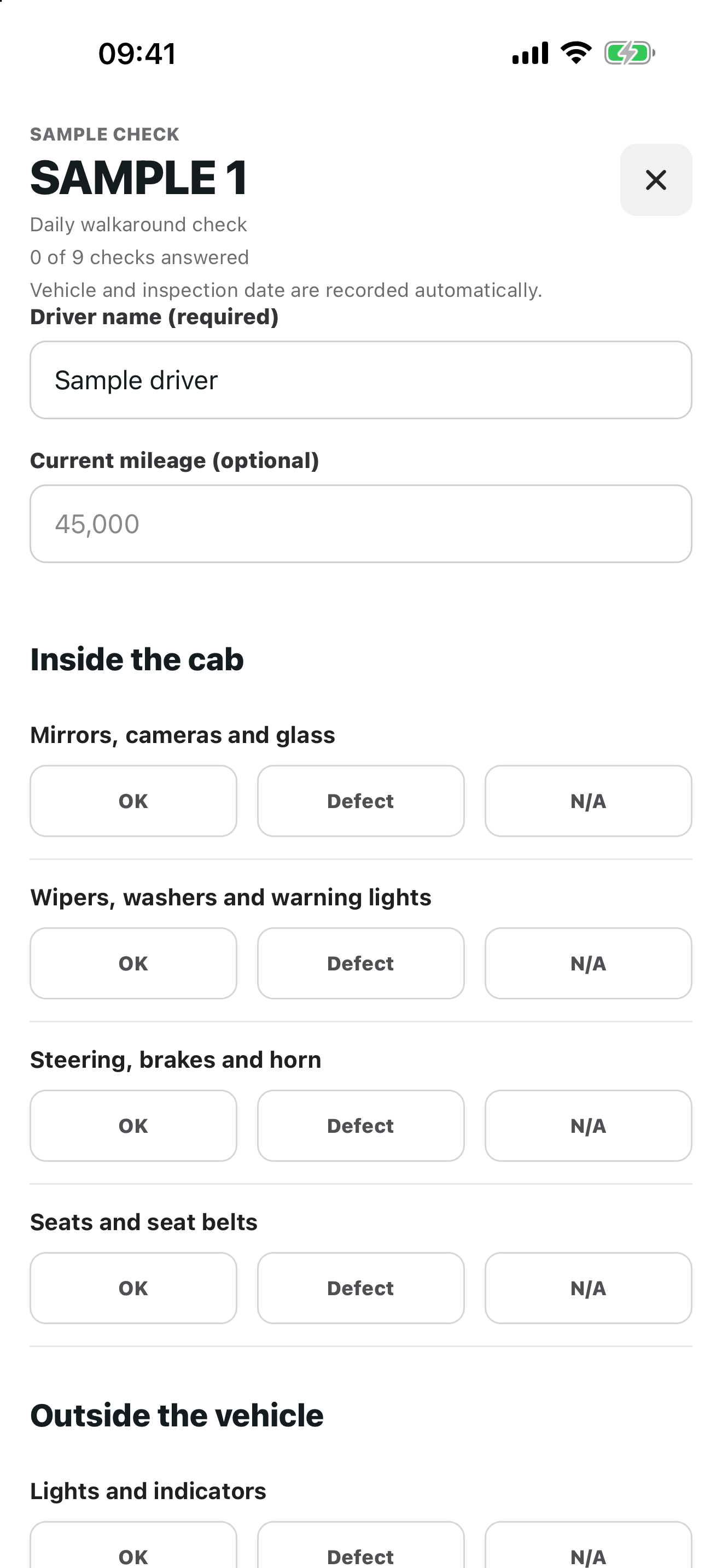 Fleetkeep mobile app vehicle check screen using example data.