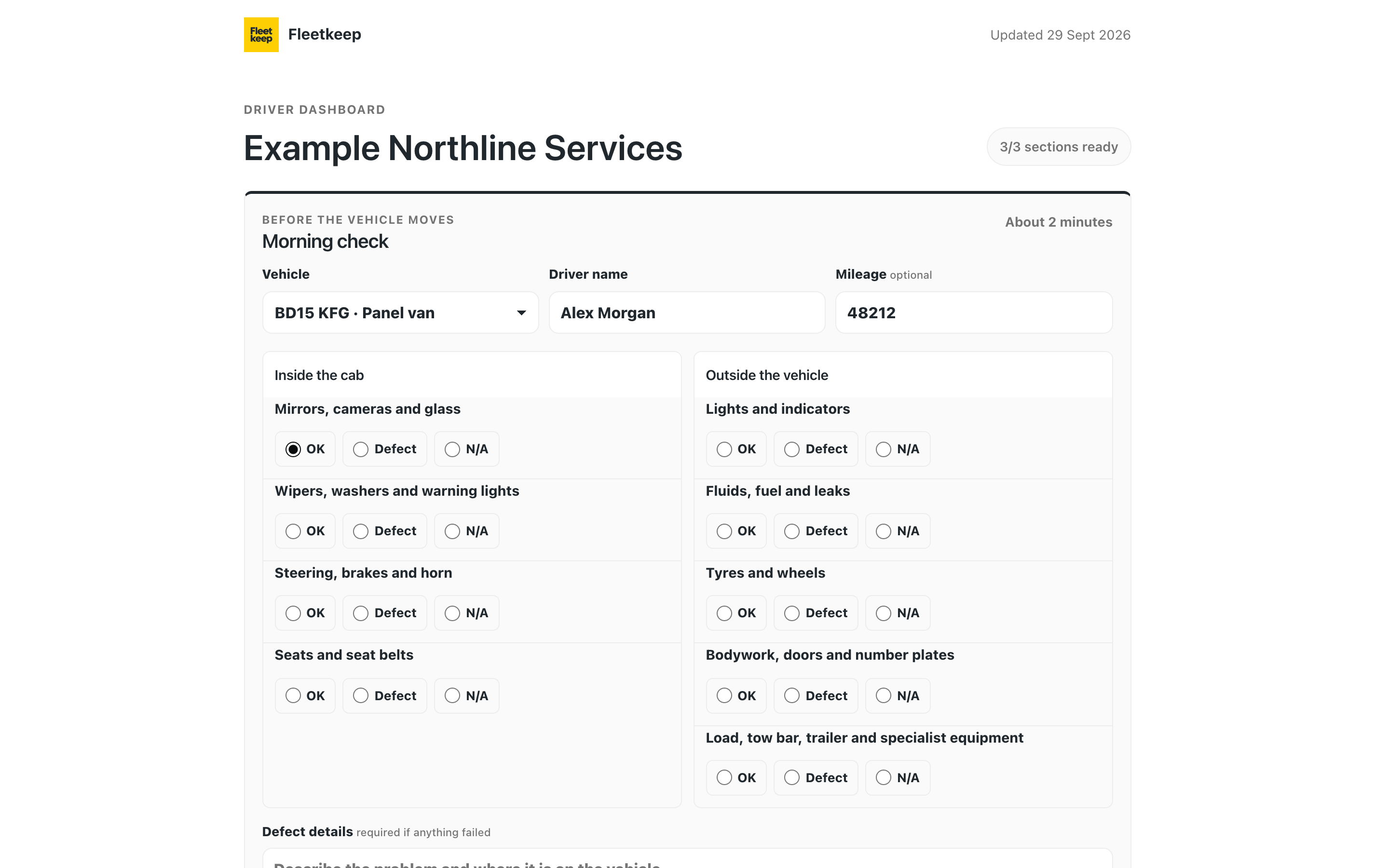 Current Fleetkeep driver portal showing the morning check and guidance entry points with example data.