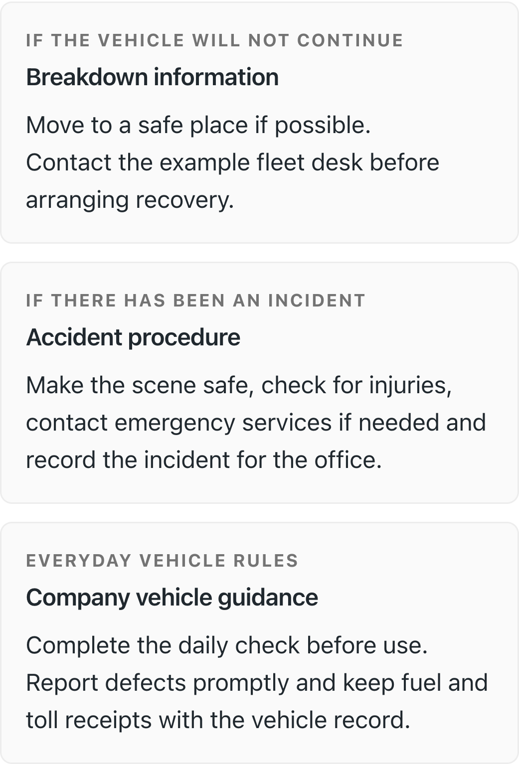Example breakdown, accident and company vehicle guidance in the driver portal.