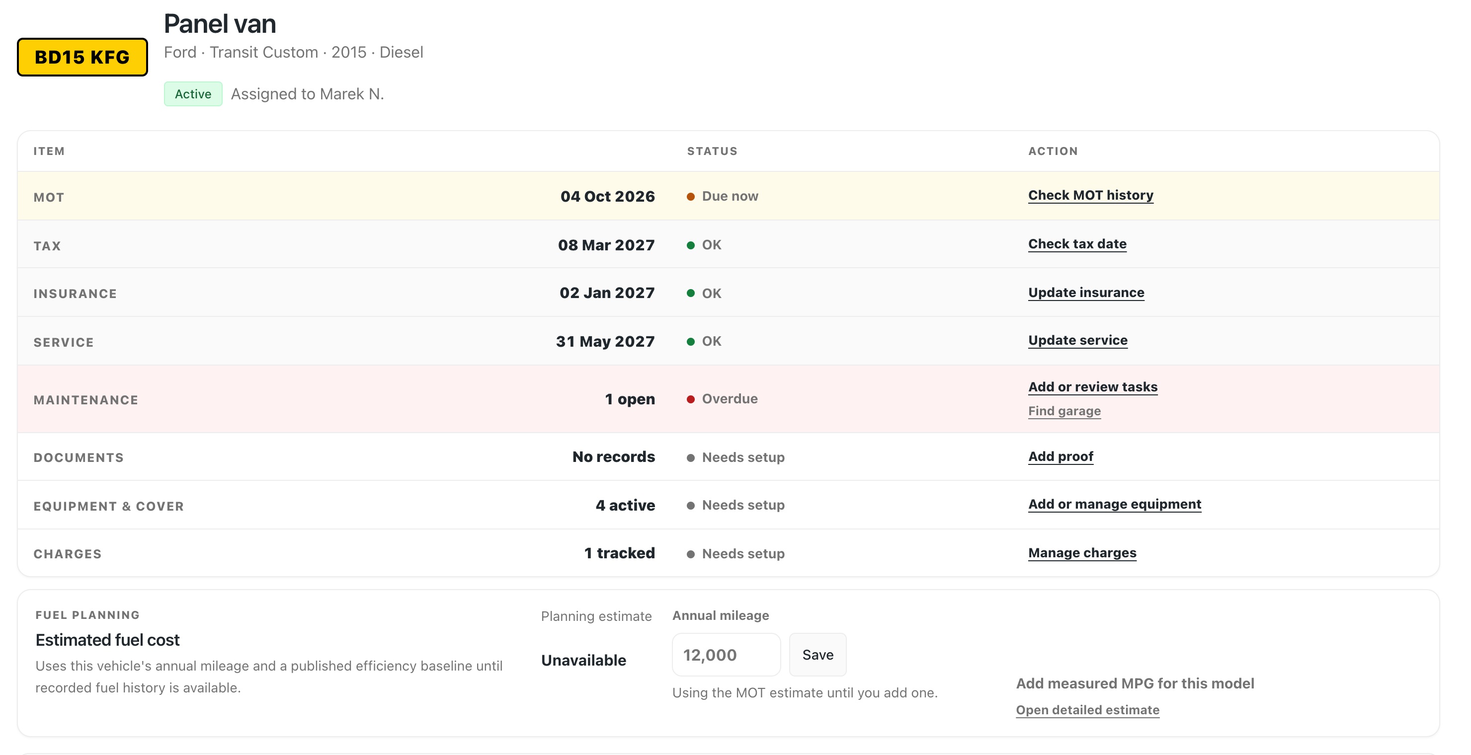Fictional Fleetkeep panel van record showing MOT, tax, insurance, service and open work status.